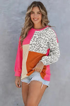Leopard Patchwork Color Block Ribbed Long Sleeve Top - Fashionfitz