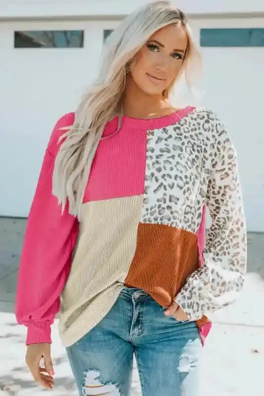 Color block long sleeve top in pink, beige, rust, and leopard print, featuring ribbed knit texture, ideal for stylish autumn daily wear.