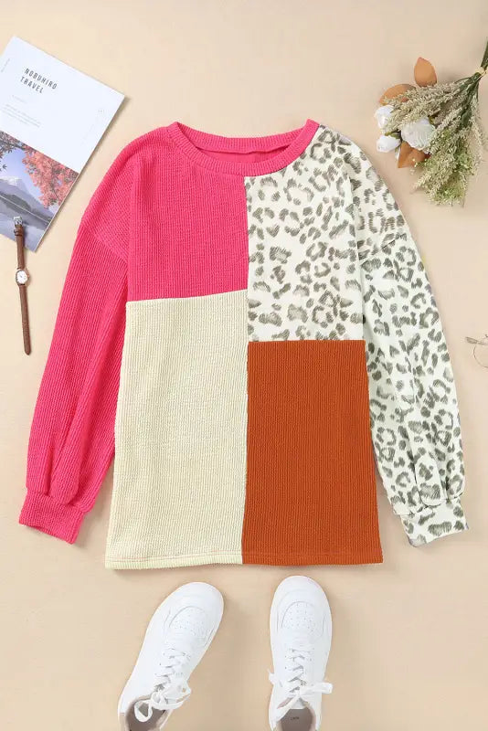 Leopard patchwork color block ribbed long sleeve top - tops