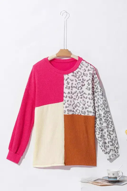 Leopard Patchwork Color Block Ribbed Long Sleeve Top - Fashionfitz
