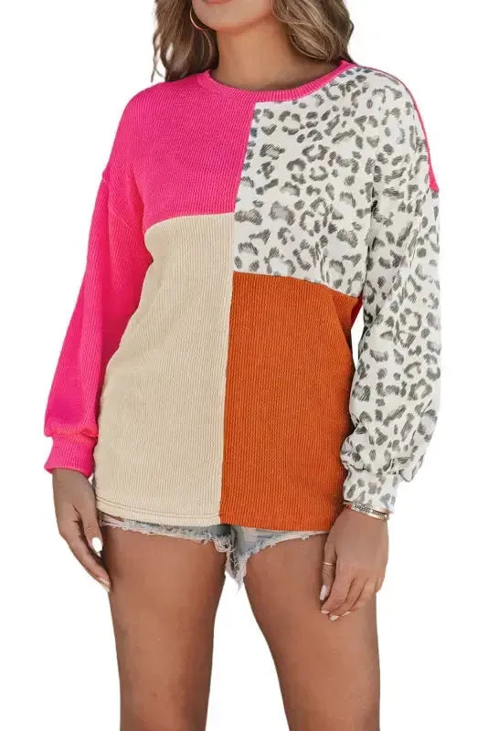 Leopard Patchwork Color Block Ribbed Long Sleeve Top - Fashionfitz
