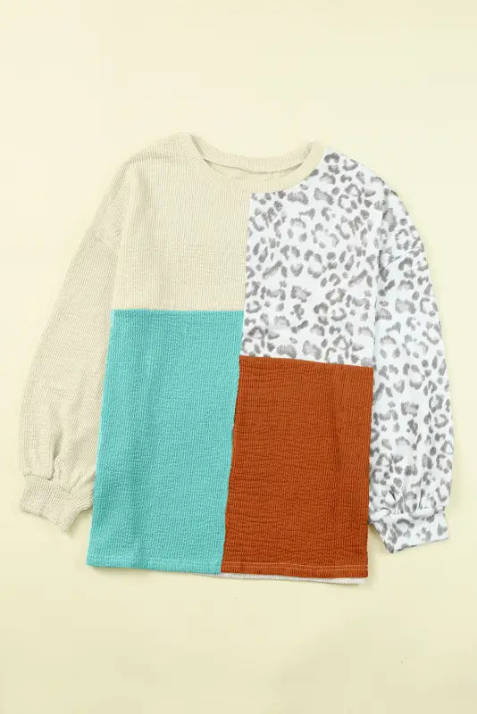 Leopard patchwork color block ribbed long sleeve top - tops