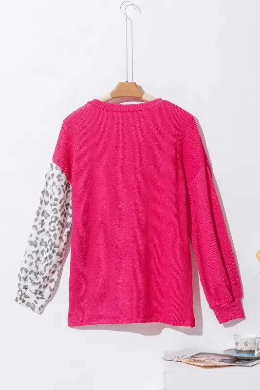 Leopard patchwork color block ribbed long sleeve top - tops