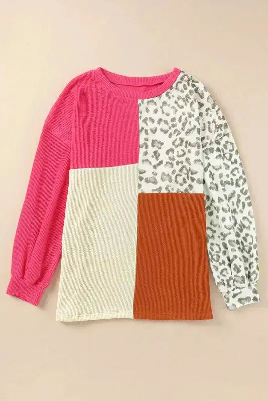 Leopard Patchwork Color Block Ribbed Long Sleeve Top - Fashionfitz
