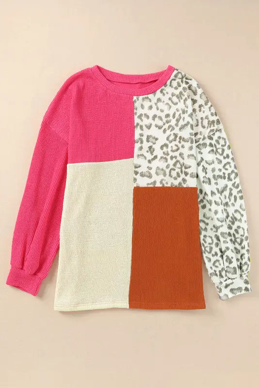 Leopard patchwork color block ribbed long sleeve top - tops