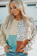 Leopard Patchwork Color Block Ribbed Long Sleeve Top - Fashionfitz