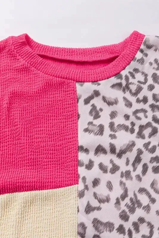 Leopard Patchwork Color Block Ribbed Long Sleeve Top - Fashionfitz
