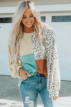 Leopard Patchwork Color Block Ribbed Long Sleeve Top - Fashionfitz
