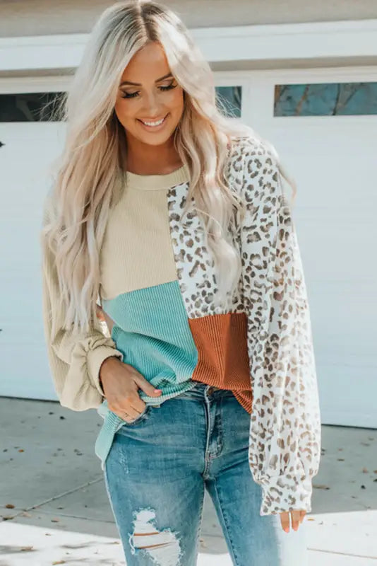 Leopard patchwork color block ribbed long sleeve top - tops