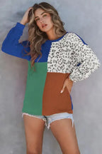 Leopard Patchwork Color Block Ribbed Long Sleeve Top - Fashionfitz