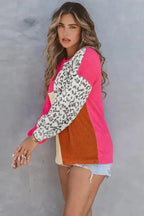 Leopard Patchwork Color Block Ribbed Long Sleeve Top - Fashionfitz