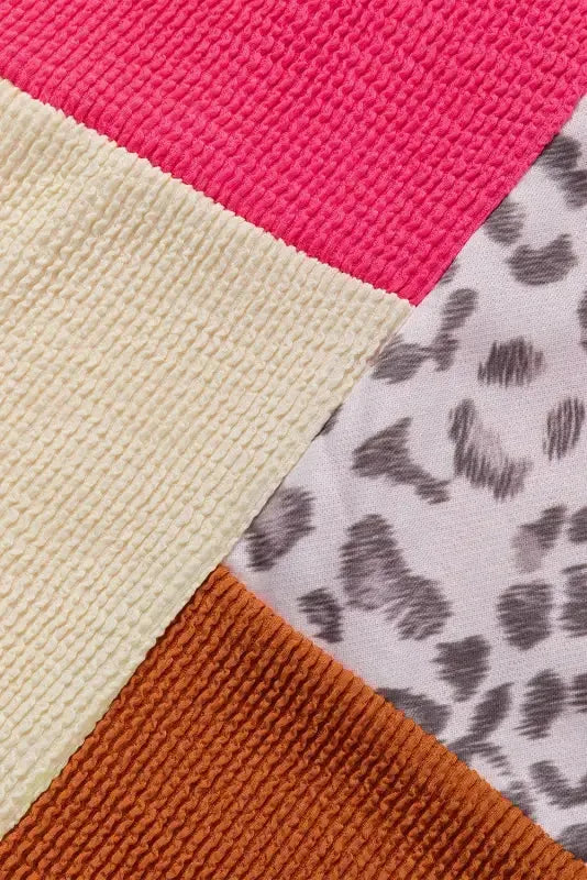 Leopard Patchwork Color Block Ribbed Long Sleeve Top - Fashionfitz