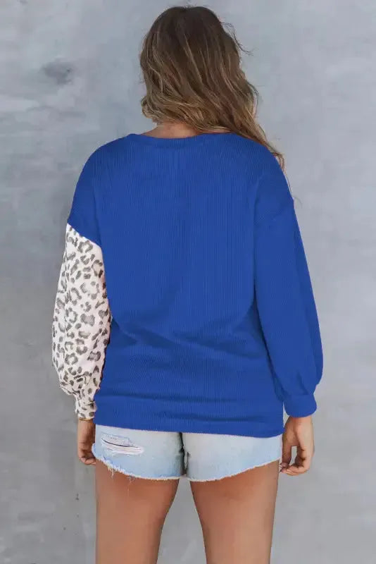 Leopard Patchwork Color Block Ribbed Long Sleeve Top - Fashionfitz