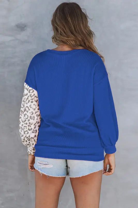 Leopard patchwork color block ribbed long sleeve top - tops