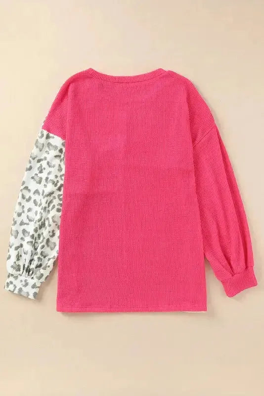 Leopard Patchwork Color Block Ribbed Long Sleeve Top - Fashionfitz