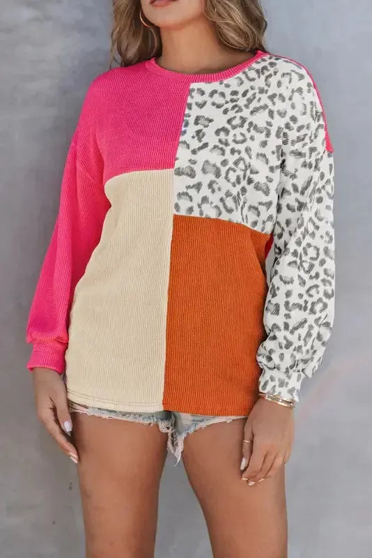Leopard Patchwork Color Block Ribbed Long Sleeve Top - Fashionfitz