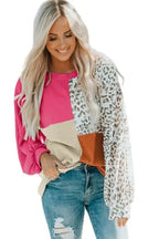 Leopard Patchwork Color Block Ribbed Long Sleeve Top - Fashionfitz