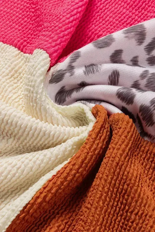 Leopard Patchwork Color Block Ribbed Long Sleeve Top - Fashionfitz