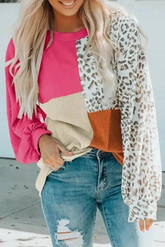 Leopard Patchwork Color Block Ribbed Long Sleeve Top - Fashionfitz