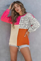 Leopard Patchwork Color Block Ribbed Long Sleeve Top - Fashionfitz