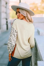 Leopard Patchwork Color Block Ribbed Long Sleeve Top - Fashionfitz
