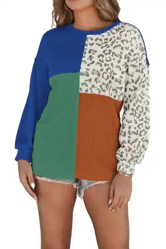 Stylish long sleeve top with ribbed knit texture, leopard patchwork, and color block design in blue, green, and rust, great for daily wear.