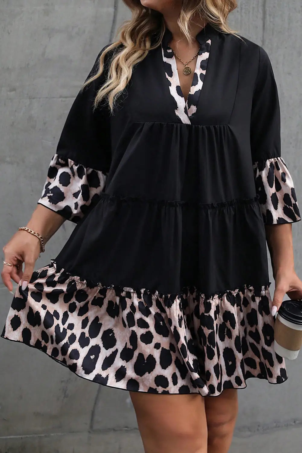 Leopard patchwork ruffle curvy dress - black / 1x / 100% polyester - plus size mini dresses