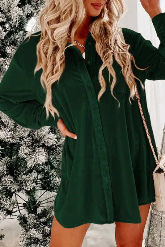 Leopard patchwork velvet shirt dress - blackish green / s / 95% polyester + 5% elastane - mini dresses