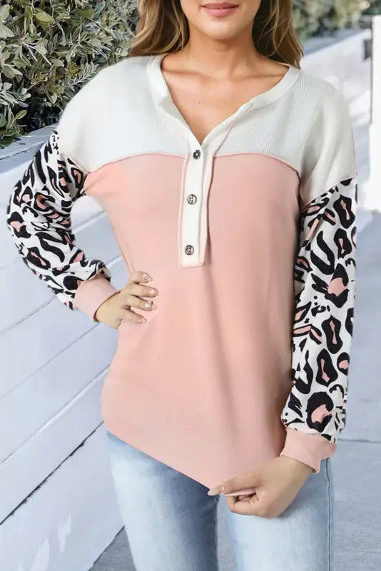 Leopard patchwork waffle knit top - long sleeve tops