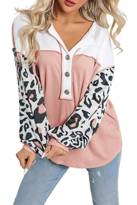 Leopard patchwork waffle knit top - long sleeve tops