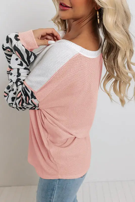 Leopard patchwork waffle knit top - long sleeve tops