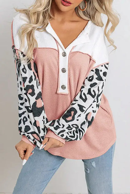 Leopard patchwork waffle knit top - pink / l / 85% polyester + 10% viscose + 5% elastane - long sleeve tops