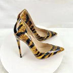 Trendy Leopard High Heels for Women Court Shoes with pointed toe and stiletto heel in glossy PU leather. Perfect for bold fashion statements.