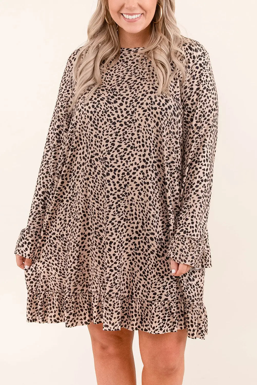 Leopard plus size ruffle long sleeve mini dress - 1x /