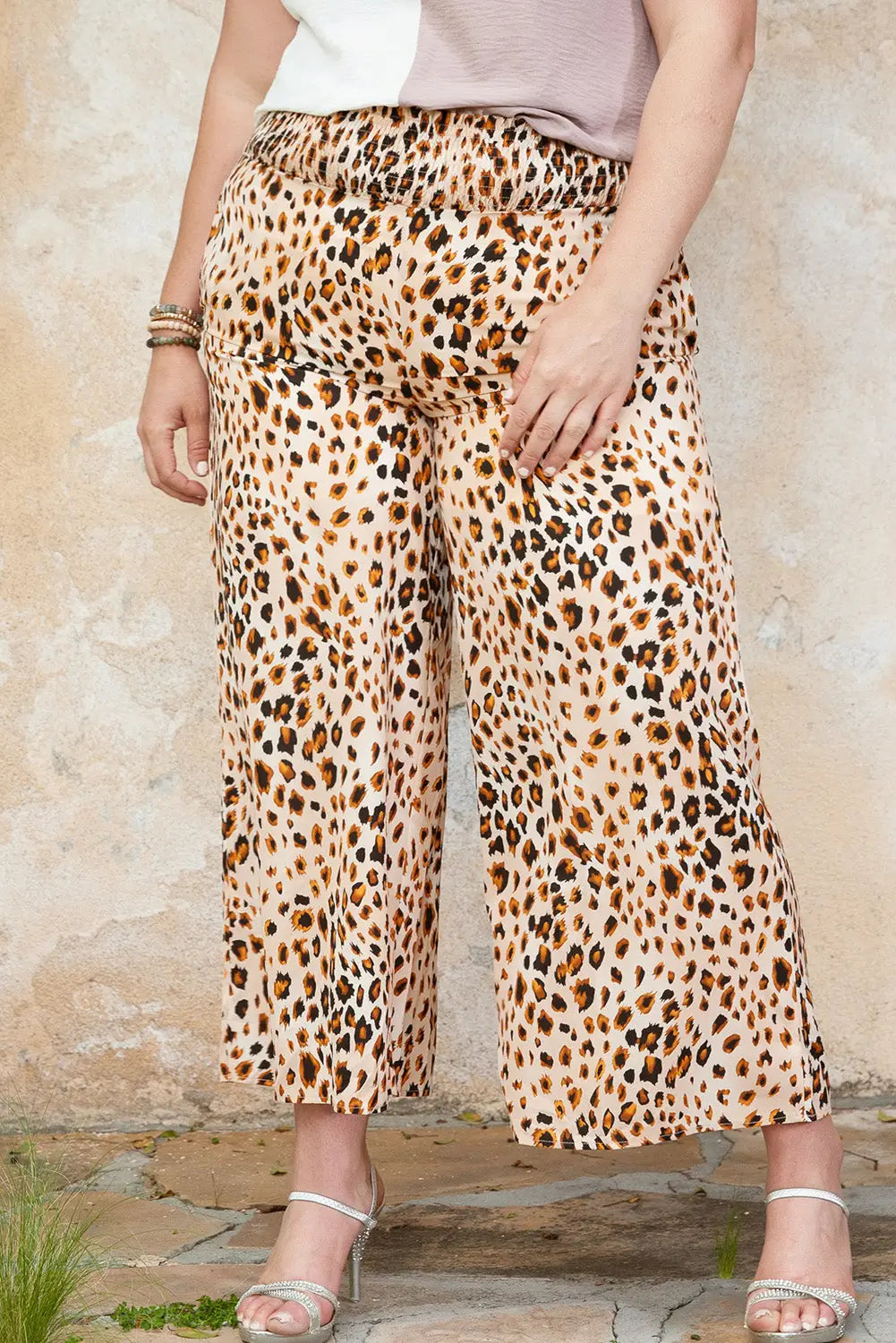 Leopard plus size smoked high waist wide leg pants - 1x /