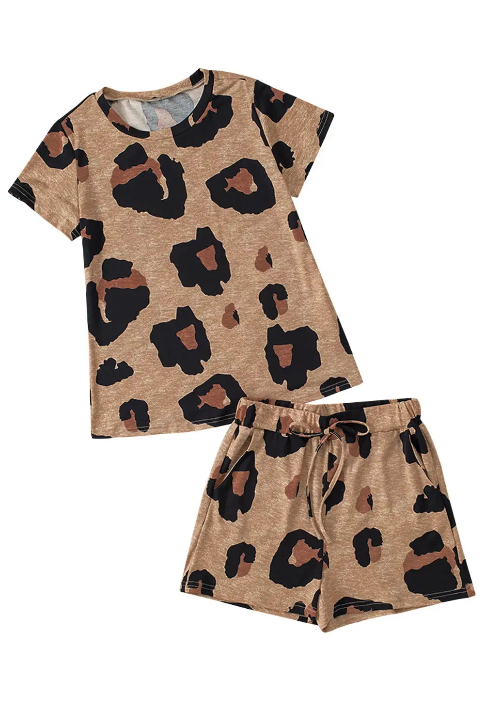 Leopard pocket short sleeve drawstring lounge set - loungewear