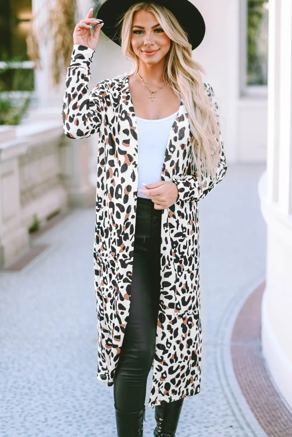 Leopard pocketed open front duster cardigan - sweaters & cardigans
