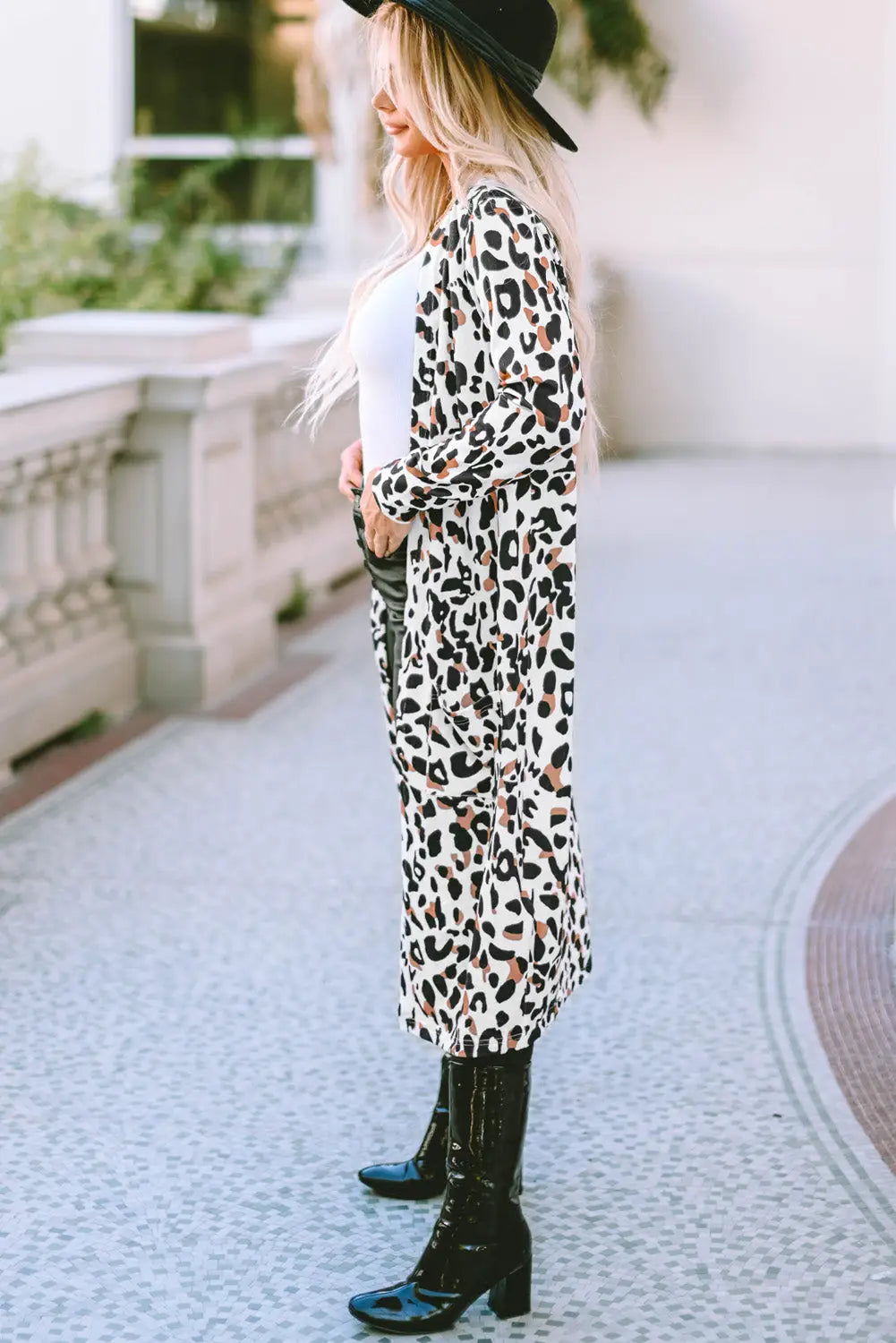 Leopard pocketed open front duster cardigan - sweaters & cardigans