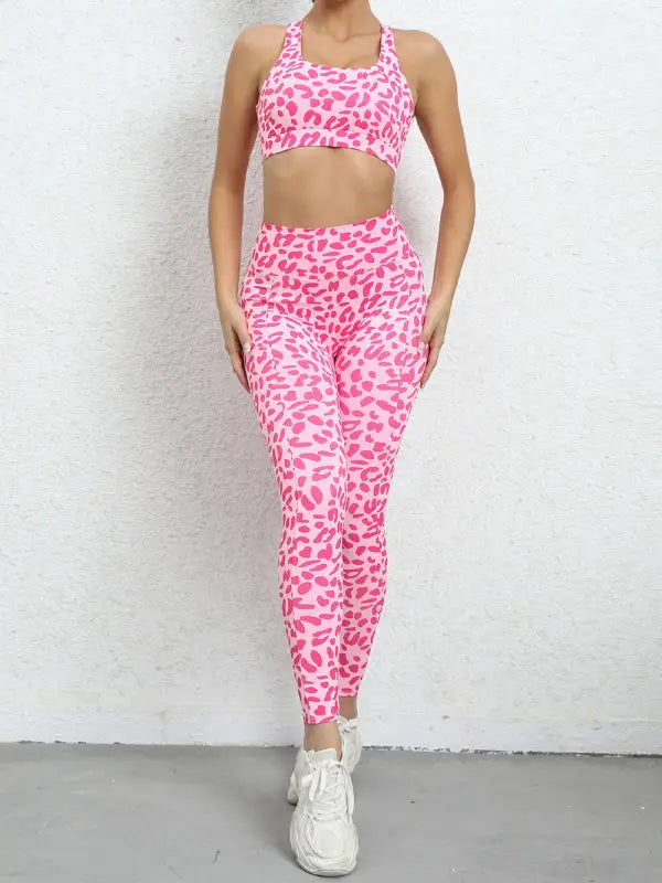 Leopard print hip lifting high waist activewear set - rose / s - leggings sets