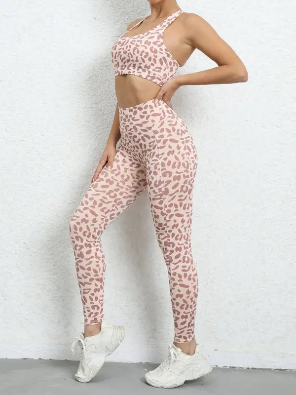 Leopard print hip lifting high waist activewear set - leggings sets