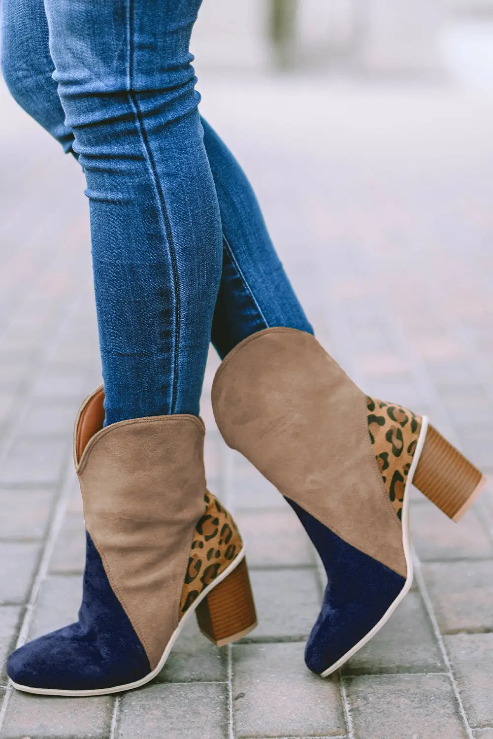 Leopard print color block patchwork heeled boots - shoes &