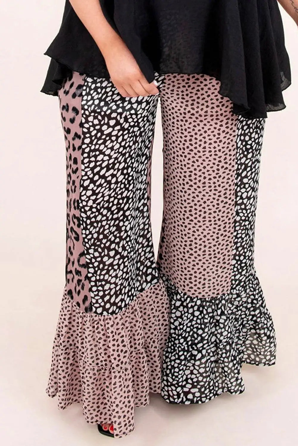 Leopard print color block ruffled plus size pants