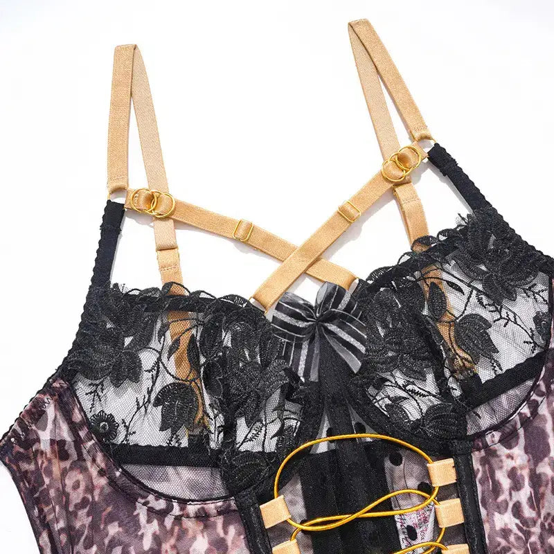 Leopard-print corset set with gold straps - lingerie