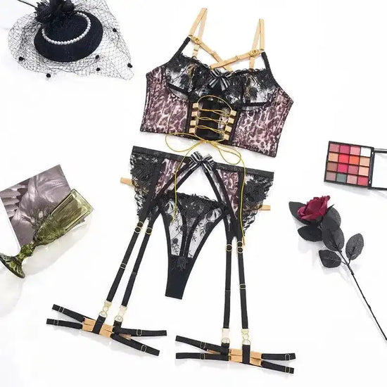 Leopard-print Corset Set with Gold Straps - Fashionfitz