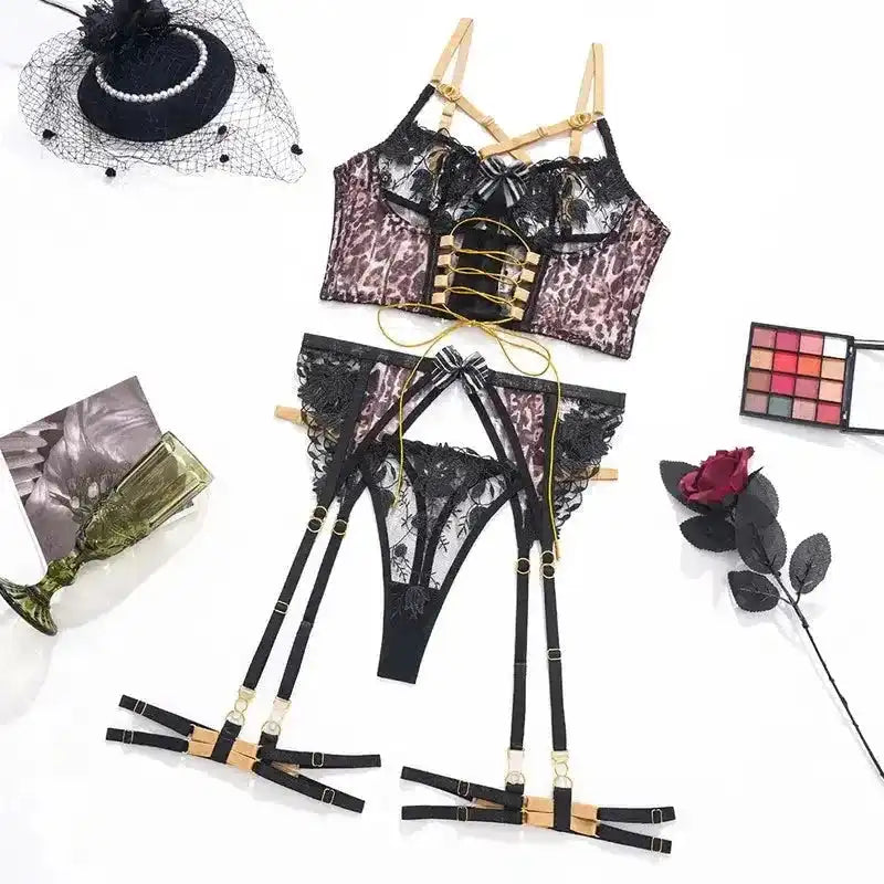 Leopard-print Corset Set with Gold Straps - Fashionfitz