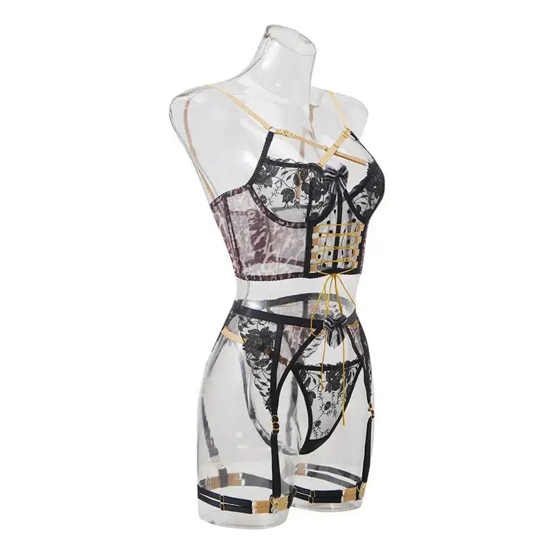 Leopard-print corset set with gold straps - lingerie