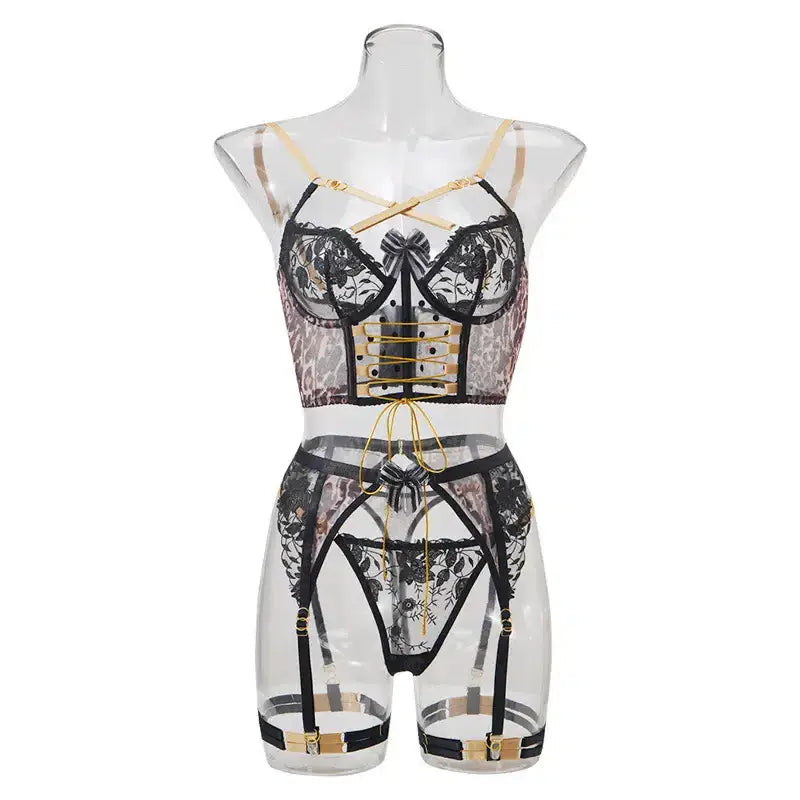 Leopard-print corset set with gold straps - lingerie