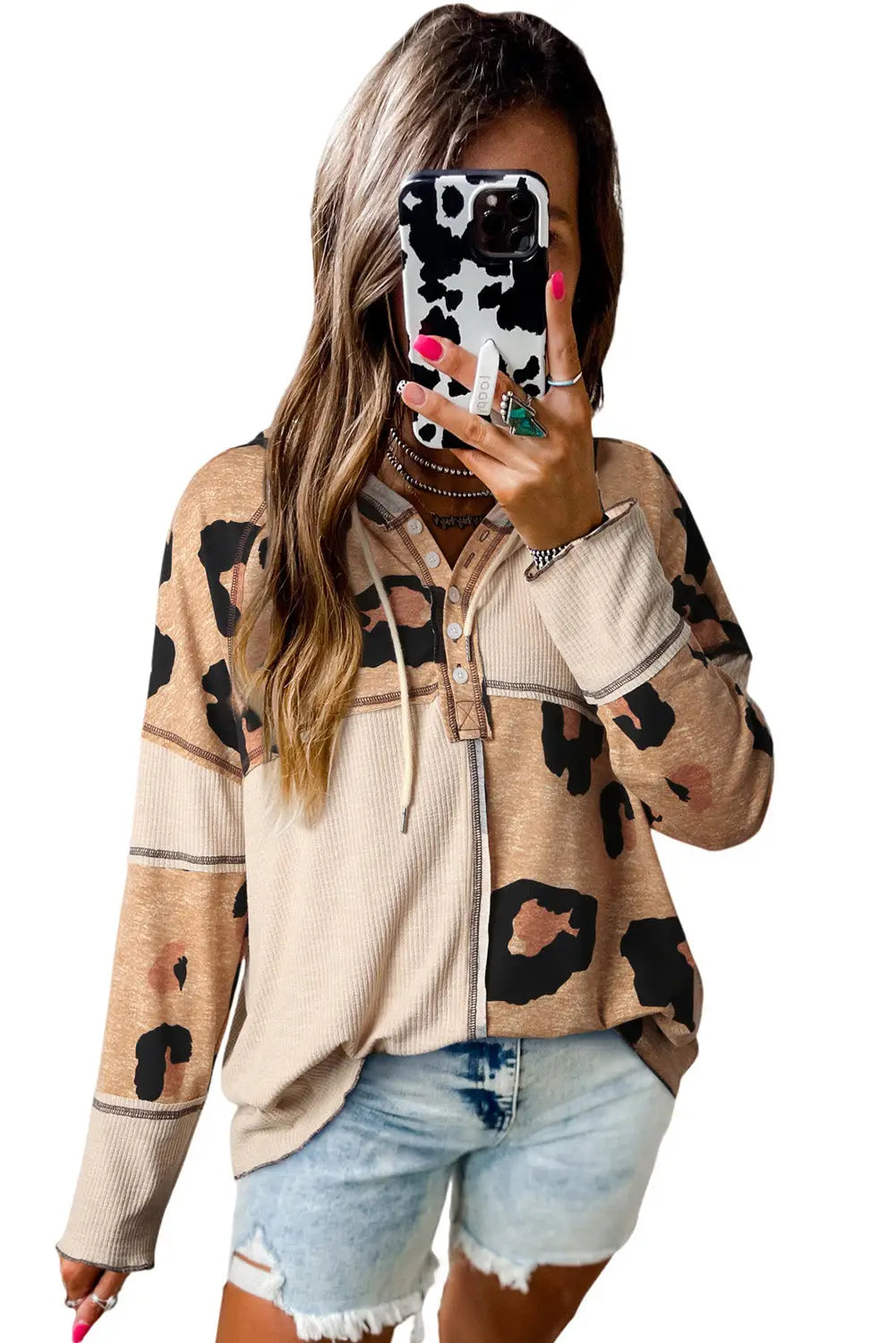 Leopard print exposed seam ribbed patchwork long sleeve top - tops