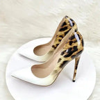 Stylish Leopard Print Gradient Leather High Heels with sleek silhouette and stiletto heel. Perfect for bold fashion statements at FashionFitz.