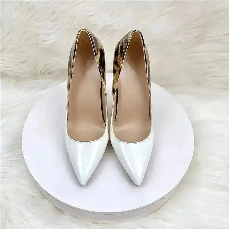 Front view of Leopard Print Gradient Leather High Heels with sharp pointed toes. Elegant women's pumps available at FashionFitz.